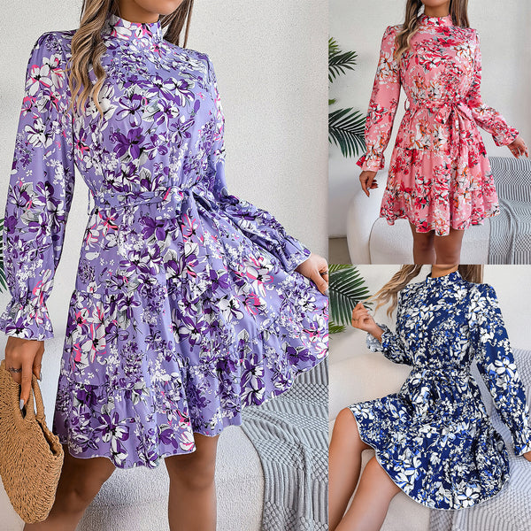 Standing Collar Floral Print Waist-Controlled Long Sleeves Ruffled A-Line Dresses for Women Spring Autumn Ruffle Edge Long Dress