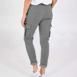 Casual Cargo Pants with Pockets Solid Color Drawstring Waist Pencil Trousers for Women