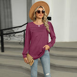 Solid Color U-Neck Pleated Long-Sleeved T-Shirt Top for Women