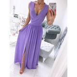 Women'S Summer Sleeveless and Ankle Skirt Solid Color V-Neck Front Split Long Dress