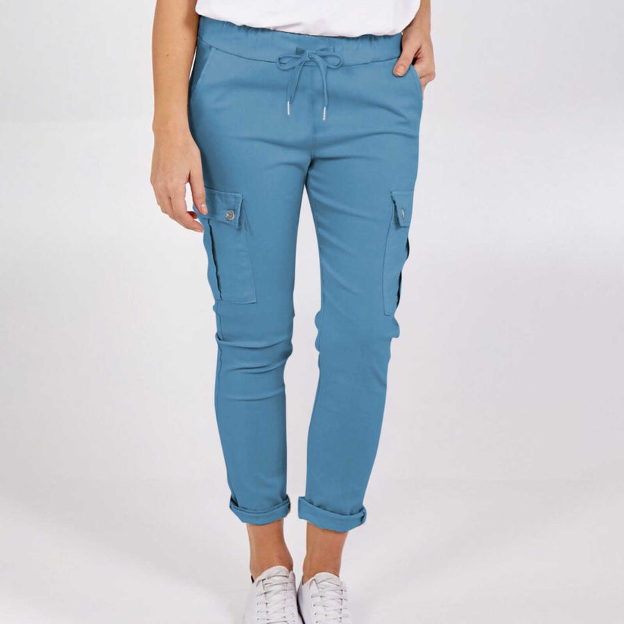 Casual Cargo Pants with Pockets Solid Color Drawstring Waist Pencil Trousers for Women