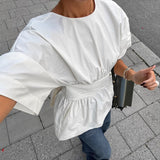 Summer Backless Short Sleeve T-Shirt with Back-Tied Design Fashion Bat Sleeve Top for Women Clothing