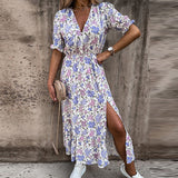 Printed Deep V-Neck Irregular Split Lotus Leaf Skirt