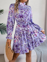 Standing Collar Floral Print Waist-Controlled Long Sleeves Ruffled A-Line Dresses for Women Spring Autumn Ruffle Edge Long Dress