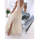 Women'S Summer Sleeveless and Ankle Skirt Solid Color V-Neck Front Split Long Dress