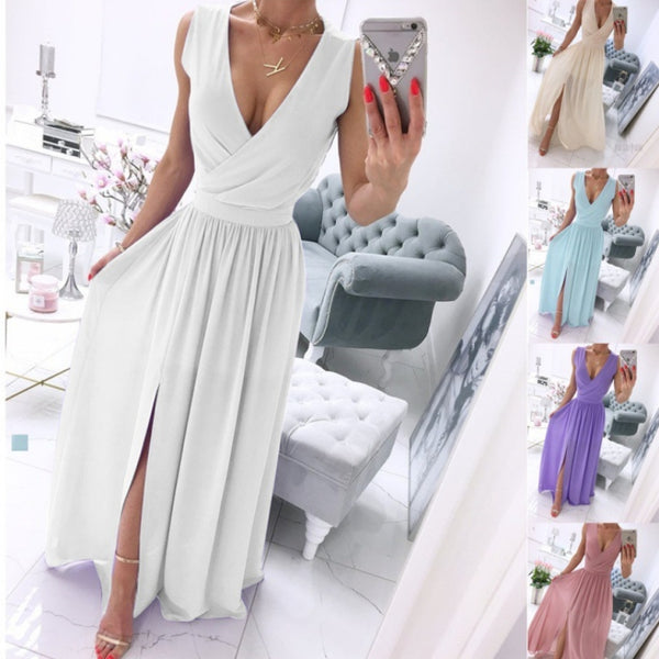 Women'S Summer Sleeveless and Ankle Skirt Solid Color V-Neck Front Split Long Dress