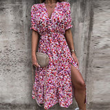 Printed Deep V-Neck Irregular Split Lotus Leaf Skirt