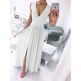 Women'S Summer Sleeveless and Ankle Skirt Solid Color V-Neck Front Split Long Dress