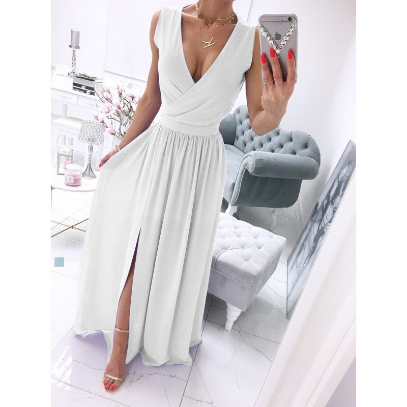 Women'S Summer Sleeveless and Ankle Skirt Solid Color V-Neck Front Split Long Dress