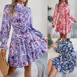 Standing Collar Floral Print Waist-Controlled Long Sleeves Ruffled A-Line Dresses for Women Spring Autumn Ruffle Edge Long Dress