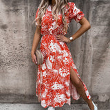 Printed Deep V-Neck Irregular Split Lotus Leaf Skirt